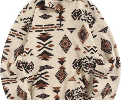 ZAFUL Men 1/4 Zipper Sweatshirt Ethnic Aztec Printed Kangaroo Pocket Fall Winter Pullovers Jacket Unisex Hoodie Tops