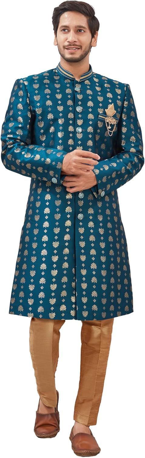 Indian Designer Wedding Festive Wear Jacquard Indo-Western Sherwani Pajama Set For Men