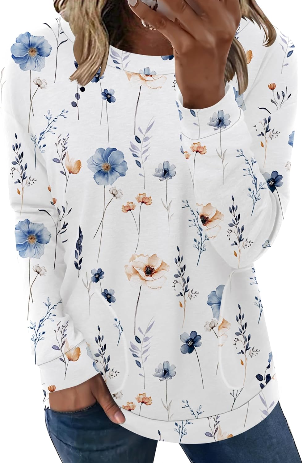 Zeagoo Women’s Long Sleeve Shirts Basic Crewneck Blouses Dressy Casual Loose Tunic Tops with Pockets S-XXL