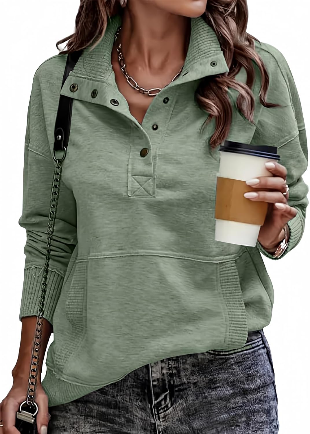 SHEWIN Women’s Casual Long Sleeve Stand Neck Sweatshirt Lightweight Button Drawstring Pullover Tops
