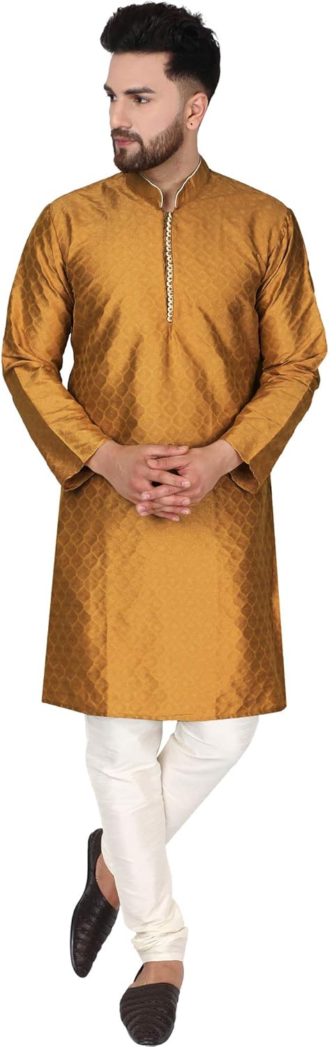 SKAVIJ Men’s Tunic Art Silk Indian Kurta Pajama Wedding Party Festive Season Dress Suit