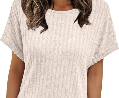 AUTOMET Women Textured Shirts Fall Sweaters Loose Fit Short Sleeve Tunic Tops 2025 Dressy Casual Business Blouses