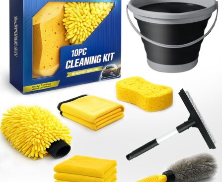 10Pcs Car Wash Detailing Kit Cleaning Kits,with Collapsible Bucket Wash Mitt Sponge Terry Towels Wheel Brush Window Scraper Coral Velvet Towel, Car Cleaning Tools Kit for Interior, Exterior, Wheels