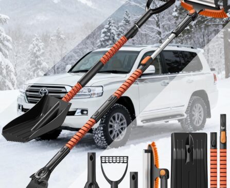 4-In-1 Snow Brush and Ice Scrapers for Car Windshield 55” Extendable Snow Shovel Snow Broom Kit with Squeegee, Foam Grip 180°Pivoting Thicken Brush Head Portable Snow Scraper for Car, Trucks, SUV