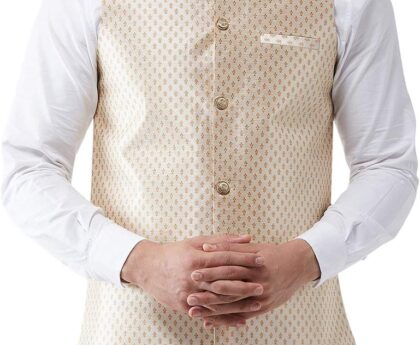 Sojanya (Since 1958, Men’s Silk Blend Magenta & Gold Self Design Nehru Jacket