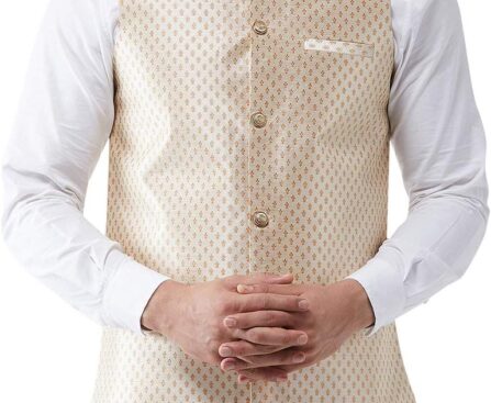 Sojanya (Since 1958, Men’s Silk Blend Magenta & Gold Self Design Nehru Jacket