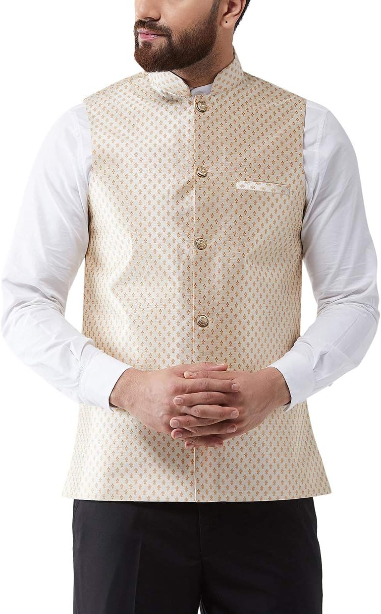 Sojanya (Since 1958, Men’s Silk Blend Magenta & Gold Self Design Nehru Jacket