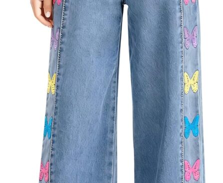 Haloumoning Girls Butterfly Print Jeans Kids Elastic Waist Wide Leg Denim Baggy Pants with Pockets 5-14Y