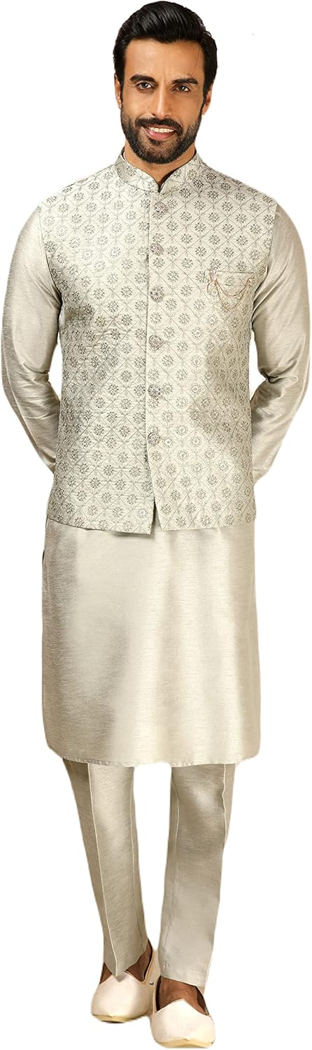 Indian Royal Designer Traditional Wedding Groom Outfit Kurta Pyjama With Nehru Jacket for Men