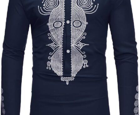 HEFASDM Men’s Long Sleeve African Dashiki Traditional Gold Print Button Down Shirts