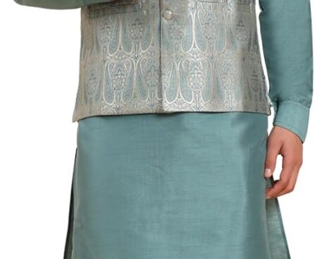 Pro-Ethic Style Developer Mens Indian Traditional Cotton Kurta Set With Jacquard Silk Jacket (Waistcoat) For Men (C-117)