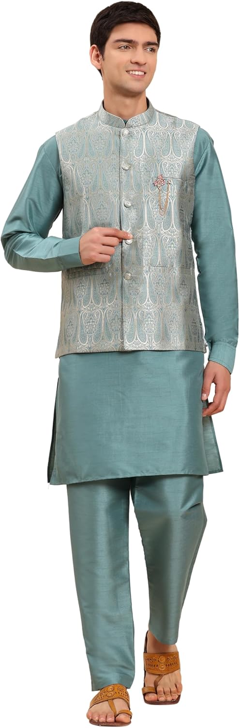 Pro-Ethic Style Developer Mens Indian Traditional Cotton Kurta Set With Jacquard Silk Jacket (Waistcoat) For Men (C-117)
