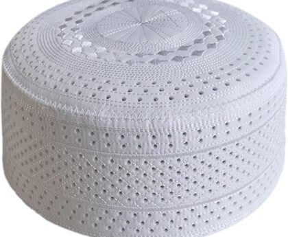 Mens Ethnic Prayer Kufi Hat Breathable Holes Vintage Embroidery Islamic Arab Jewish Headwear White Bonnet Cap Beanies, 22cmx15cmx3cm