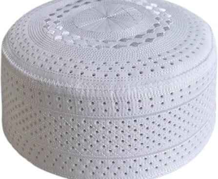 Mens Ethnic Prayer Kufi Hat Breathable Holes Vintage Embroidery Islamic Arab Jewish Headwear White Bonnet Cap Beanies, 22cmx15cmx3cm