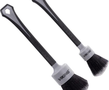 VIKING Car Detailing Brush Set for Car Cleaning Kit, Super-Soft Bristles for Interior Detail, Black/Grey, Includes Medium 1 Inch Diameter and Large 1.5 Inch Diameter Brush Heads, 2 Pack
