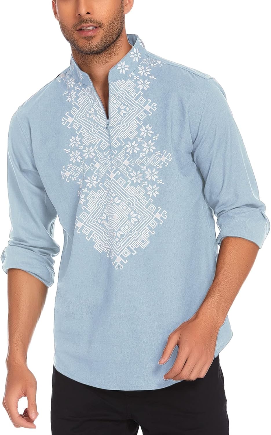 COOFANDY Men’s Henley Shirt Vyshyvanka Long Sleeve African Print Shirts Casual Zip Up Cotton Linen Beach Hippie Shirt