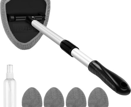 AstroAI Windshield Cleaner Tool, Car Interior Detailing Cleaning Kit with Extendable Handle and 4 Upgraded High-Density Reusable Microfiber Pads, Auto Glass Wiper Brush Kit for Cars, Gray, 15.9in-21in