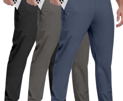3 Pack Mens Athletic Hiking Pants with Zipper Pockets,Water Resistant Quick-Dry Lightweight Outdoor Sweatpants
