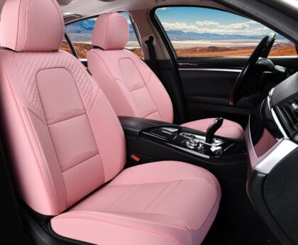 Coverado Car Seat Covers Front Seats, 2 Piece Car Seat Protector with Removable Headrest, Nappa Leather Breathable Seat Cushion Universal Fit for Truck Automotive Most of Cars Pink