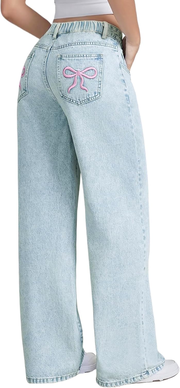 EXARUS Girls Wide Leg/Flare Jeans Bow Embroidery/Leopard Print Denim Pants with Pockets Casual for Kids 6-14Y