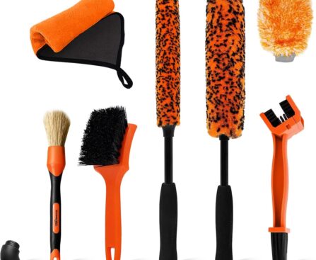 YeewayVeh 7PCS Motorcycle Cleaning Kit with 2-Size Bendable Wheel Brushes-Hard Reach Brush,Tire and Chain Brush, Boar Hair Detailing Brush, Wash Mitt & Microfiber Towel for Dirt Bike & Car Wheels