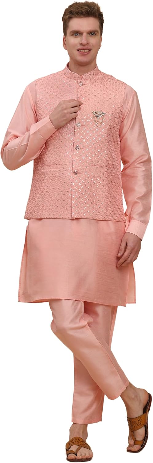 Pro-Ethic Style Developer Mens Indian Traditional Silk Kurta Set With Jacket For Men Floral Design (C-111)