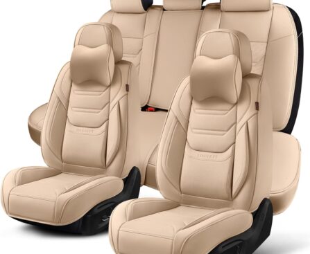 Beige Car Seat Covers Full Set, Breathable Leather Automotive Front and Rear Seat Covers & Headrest, Automotive Seat Cover, Compatible with Most Cars Sedans SUV Pickup Trucks