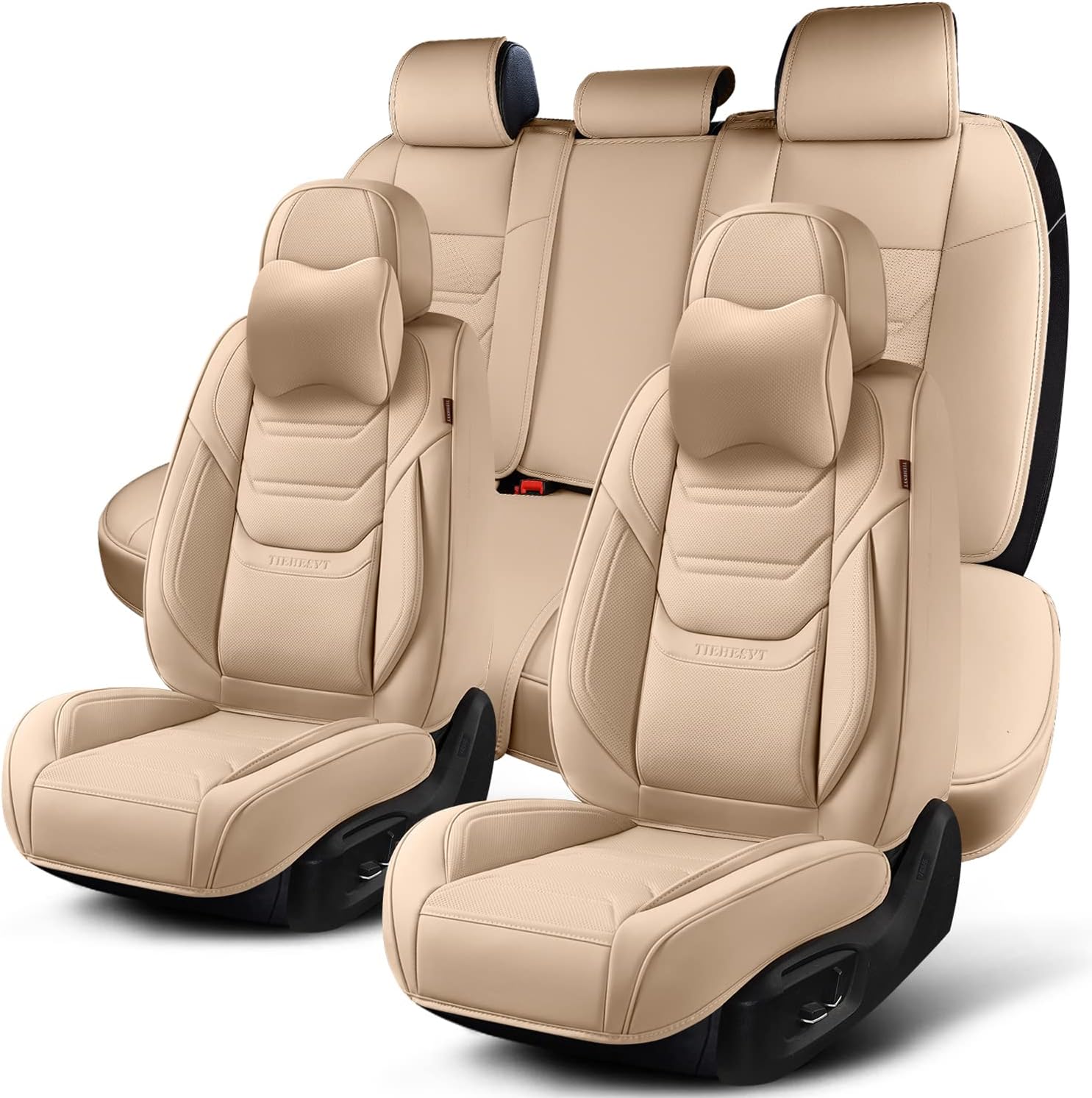 Beige Car Seat Covers Full Set, Breathable Leather Automotive Front and Rear Seat Covers & Headrest, Automotive Seat Cover, Compatible with Most Cars Sedans SUV Pickup Trucks