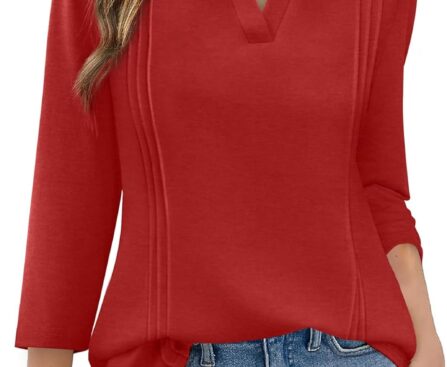 WIHOLL Womens Tops 3/4 Length Sleeve V Neck Shirts Dressy Casual Pleated Blouses Fall Vacation Fashion Trendy Clothes