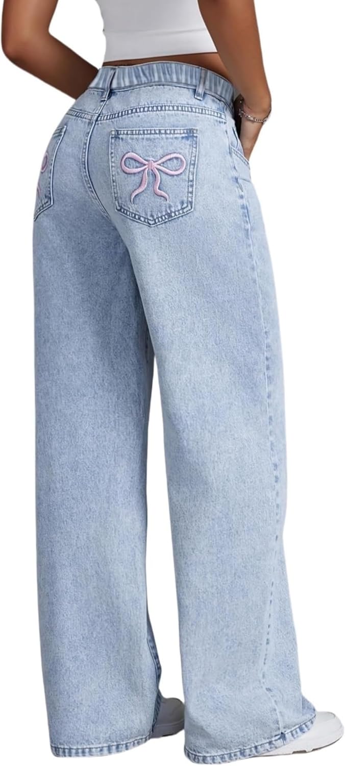 Bow Jeans for Girls Wide Leg Baggy Denim Pants Cute High Waisted Trousers Kids Casual Y2k Streetwear with Pockets 8-16Y
