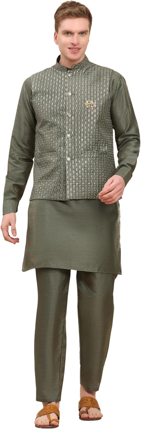 Pro-Ethic Style Developer Mens Indian Traditional Silk Kurta Set With Jacket For Men Floral Design (C-114)