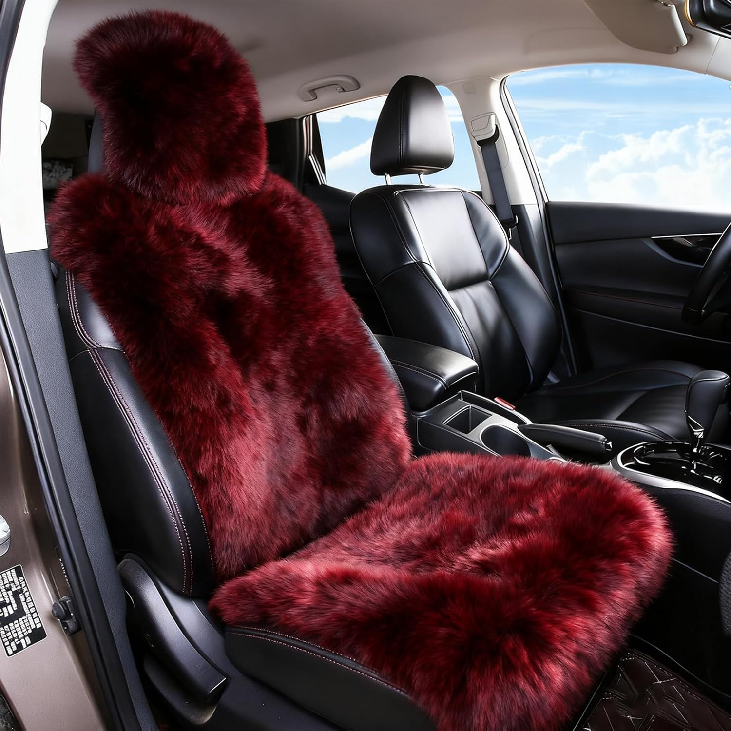 OGLAND Sheepskin Fur Car Seat Covers, Universal Size Australian Long Wool Car Seat Cushion for Adult Man Women, 1 Piece Seat (Burgundy/Dark Red)