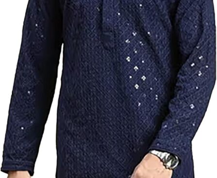 Men’s Ethnic Cotton Embroidery Chikankari Sequence Kurta Pajamas Set for Indian Wedding Festivals Occasion