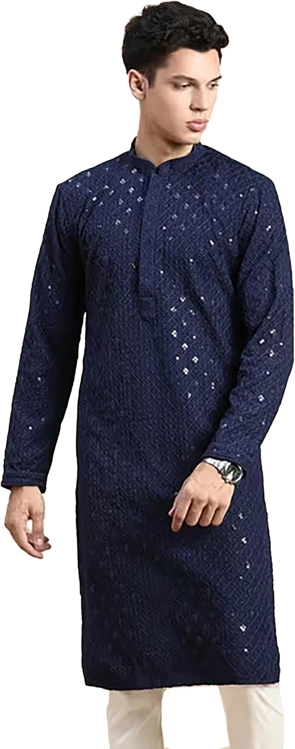 Men’s Ethnic Cotton Embroidery Chikankari Sequence Kurta Pajamas Set for Indian Wedding Festivals Occasion