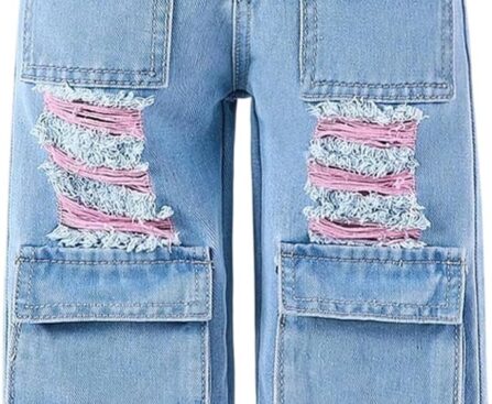 Verdusa Toddler Girl’s Distressed Ripped Jean Cargo Pants Y2K Leg Denim Pants with Pockets