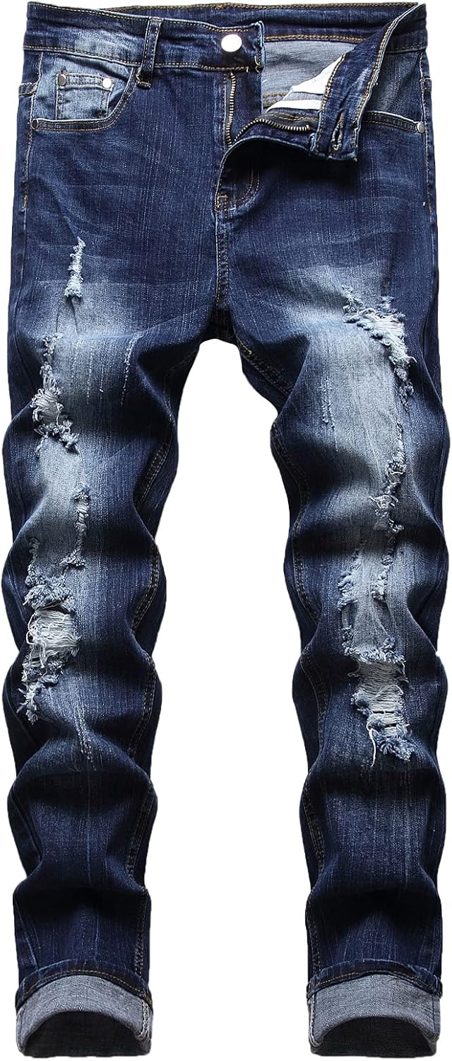 JUNBAOSS Men’s Slim Fit Stretch Jeans Ripped Skinny Jeans for Men, Distressed Straight Leg Fashion Comfort Flex Waist Pants