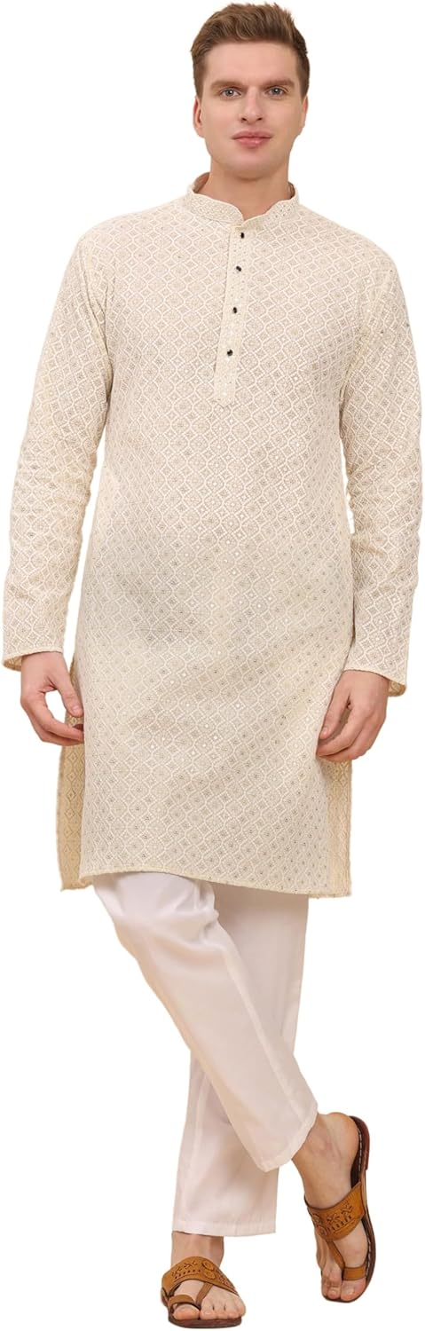 Pro-Ethic Style Developer Men’s Pure Cotton Sequined Embroidred Kurta | Traditional Indian Festive Kurta (A-126)