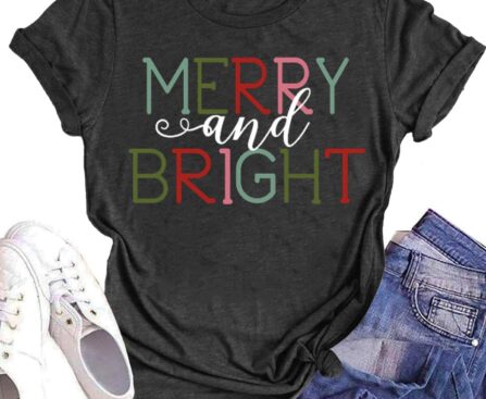Woffccrd Womens Funny Christmas Shirts Merry and Bright T-Shirts Christmas Tree Shirts Merry Christmas Graphic Tee Tops