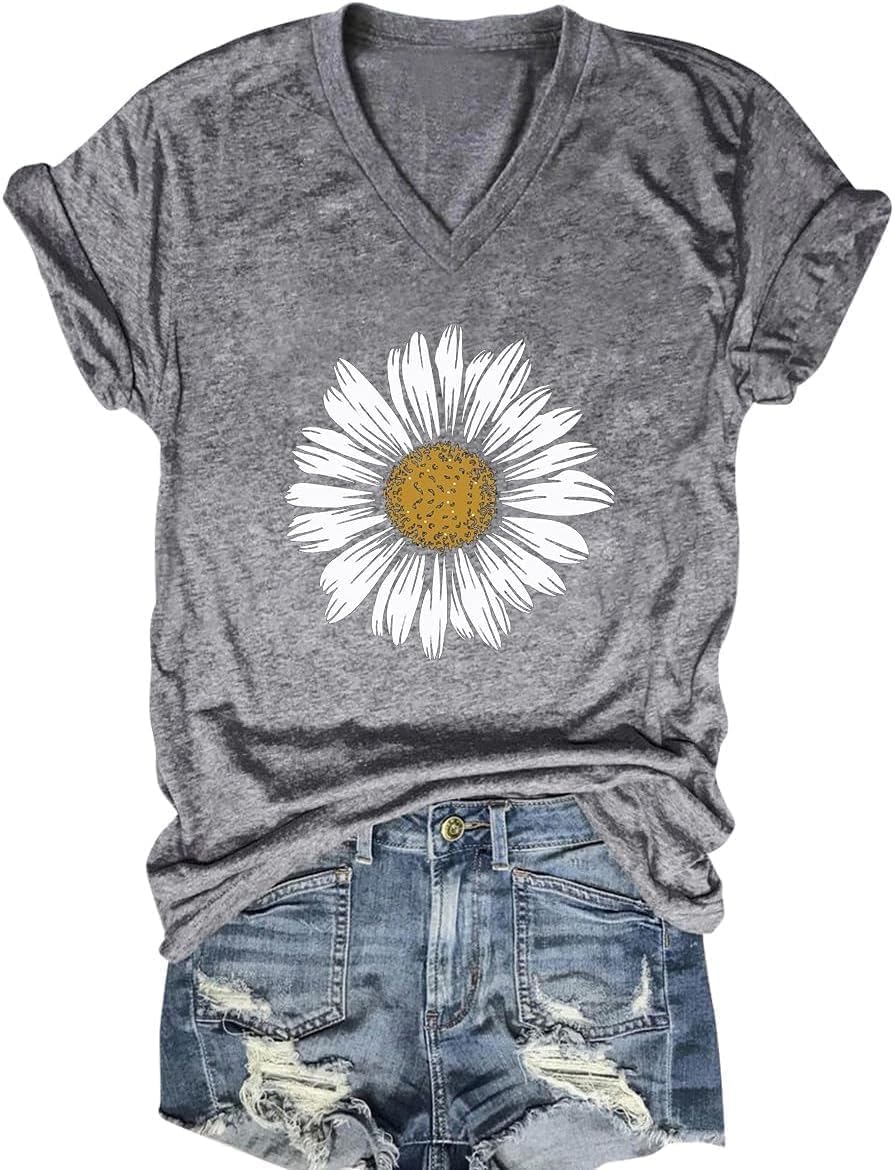 Women’s T-Shirts V-Neck Dragonfly Tee Cute Summer Graphic Shirts Vintage Boho Flowers Short Sleeve T Shirt