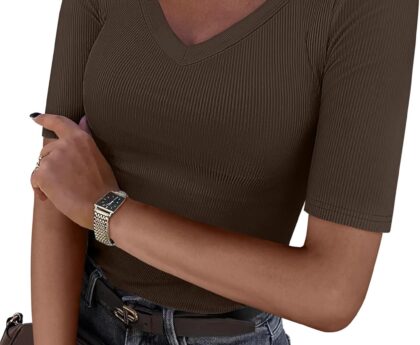 ANRABESS Womens Half Sleeve Tops V Neck Ribbed Knit Slim Fit Basic T Shirts 2026 Summer Casual Tees Spring Trendy Clothes