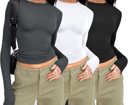 AUTOMET 3-Pack Women’s Long Sleeve Crop Tops – Basic Fitted T-Shirts Set