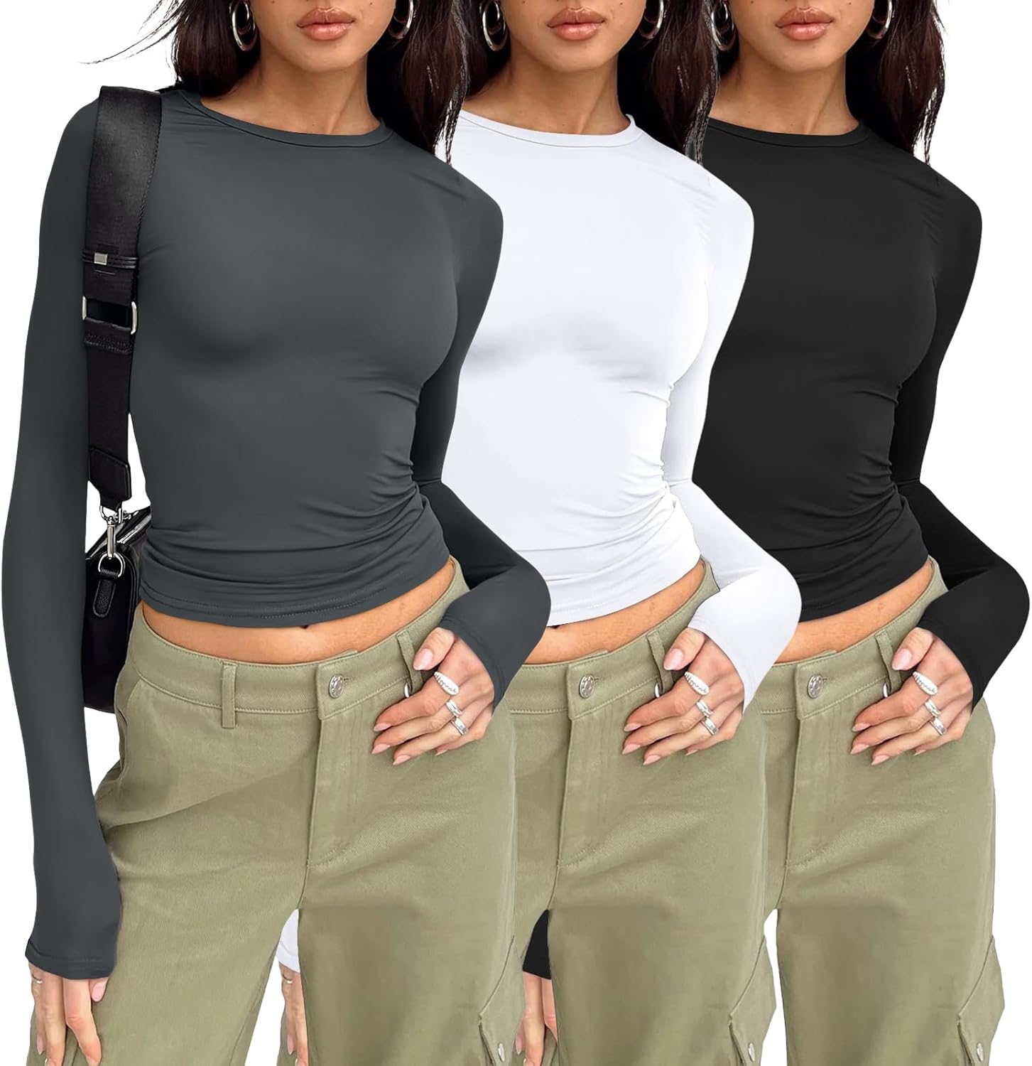 AUTOMET 3-Pack Women’s Long Sleeve Crop Tops – Basic Fitted T-Shirts Set