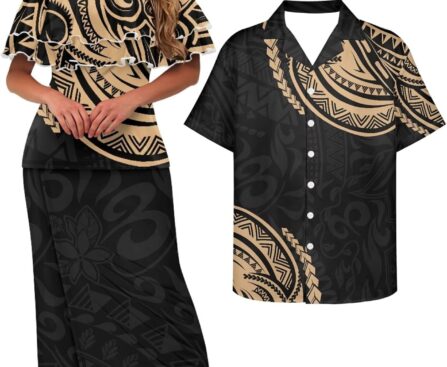 Samoa Couple Outfit Polynesian Dress for Women Traditional Puletasi Shirts for Men Strapless Ruffle Dresses