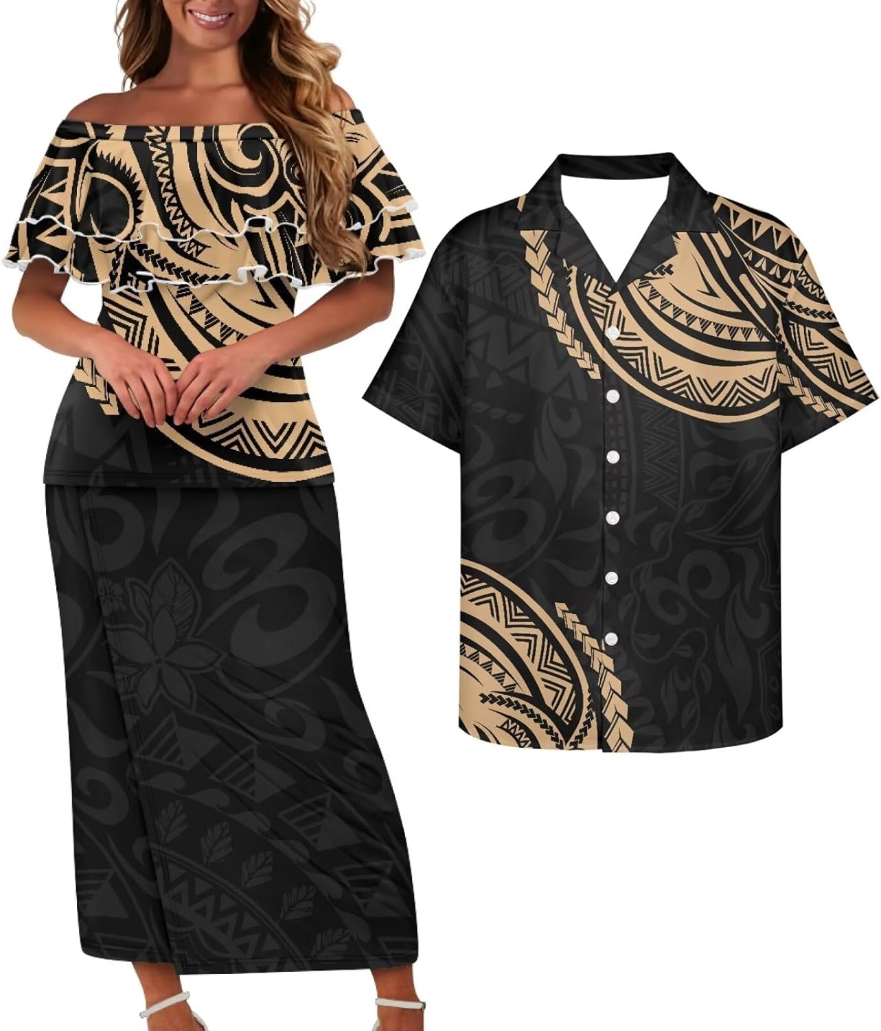 Samoa Couple Outfit Polynesian Dress for Women Traditional Puletasi Shirts for Men Strapless Ruffle Dresses