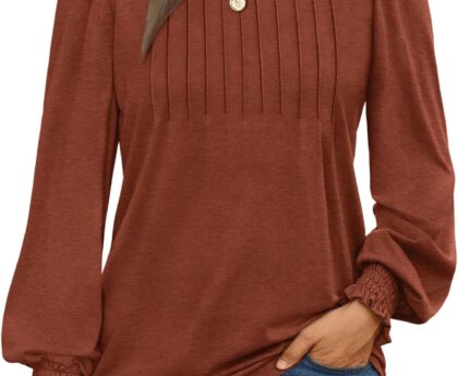 AUTOMET Long Sleeve Shirts Womens Pleated Business Casual Blouses with Smocked Cuffs
