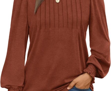 AUTOMET Long Sleeve Shirts Womens Pleated Business Casual Blouses with Smocked Cuffs