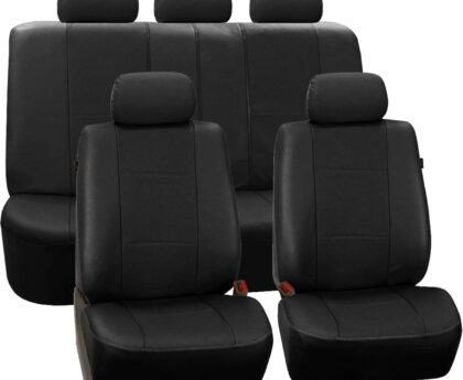 FH Group Automotive Seat Cover Deluxe Leatherette Full Set Solid Black, Combo Slip Dash Grip Pad Car Seat Covers Interior Accessories Cars Trucks SUV Car Accessories Airbag Compatible Split Bench Tan