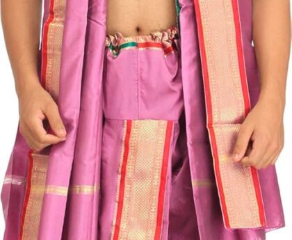 Ready to Wear Dhoti and Veshti Set with Woven Golden Border – Art Silk