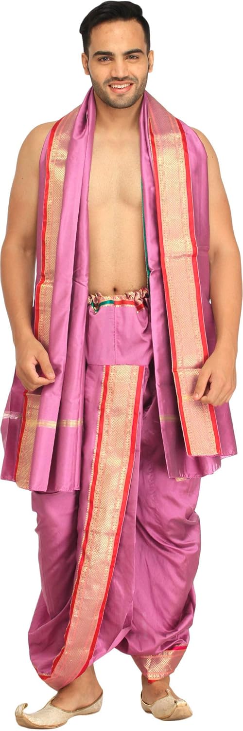Ready to Wear Dhoti and Veshti Set with Woven Golden Border – Art Silk