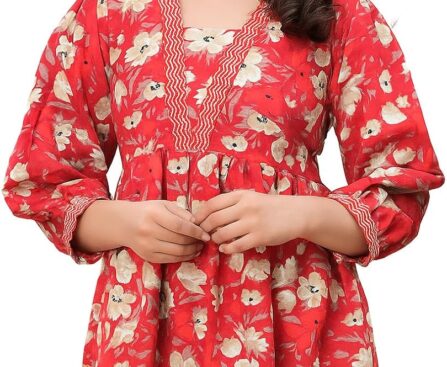 Indian Women’s Cotton Floral Printed V-Neck Short Kurti Kurta Shirt Top for Women